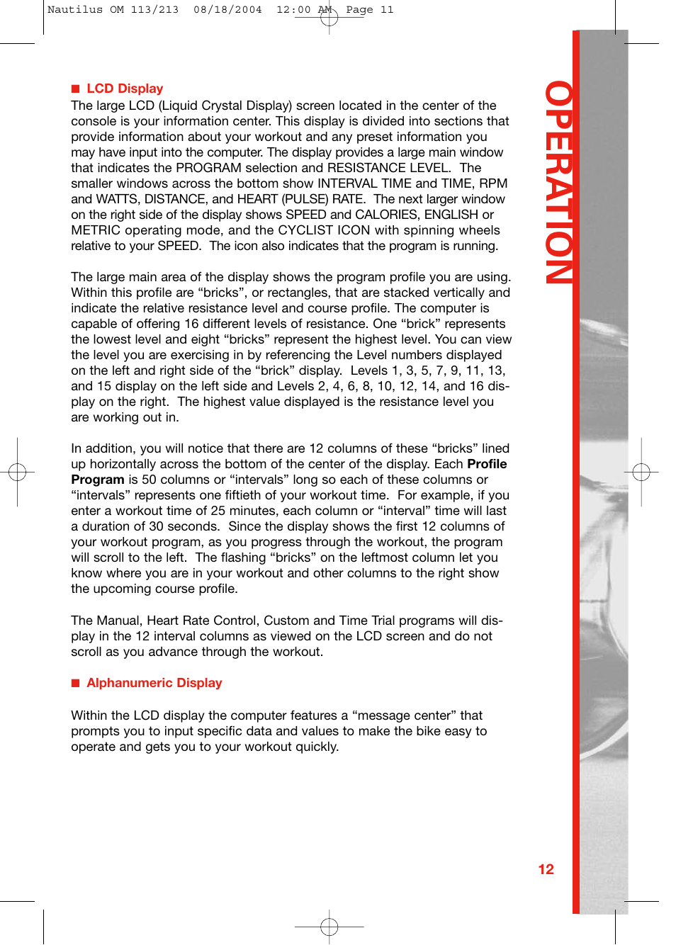 Opera tion | Schwinn NAUTILUS 213 User Manual | Page 11 / 40