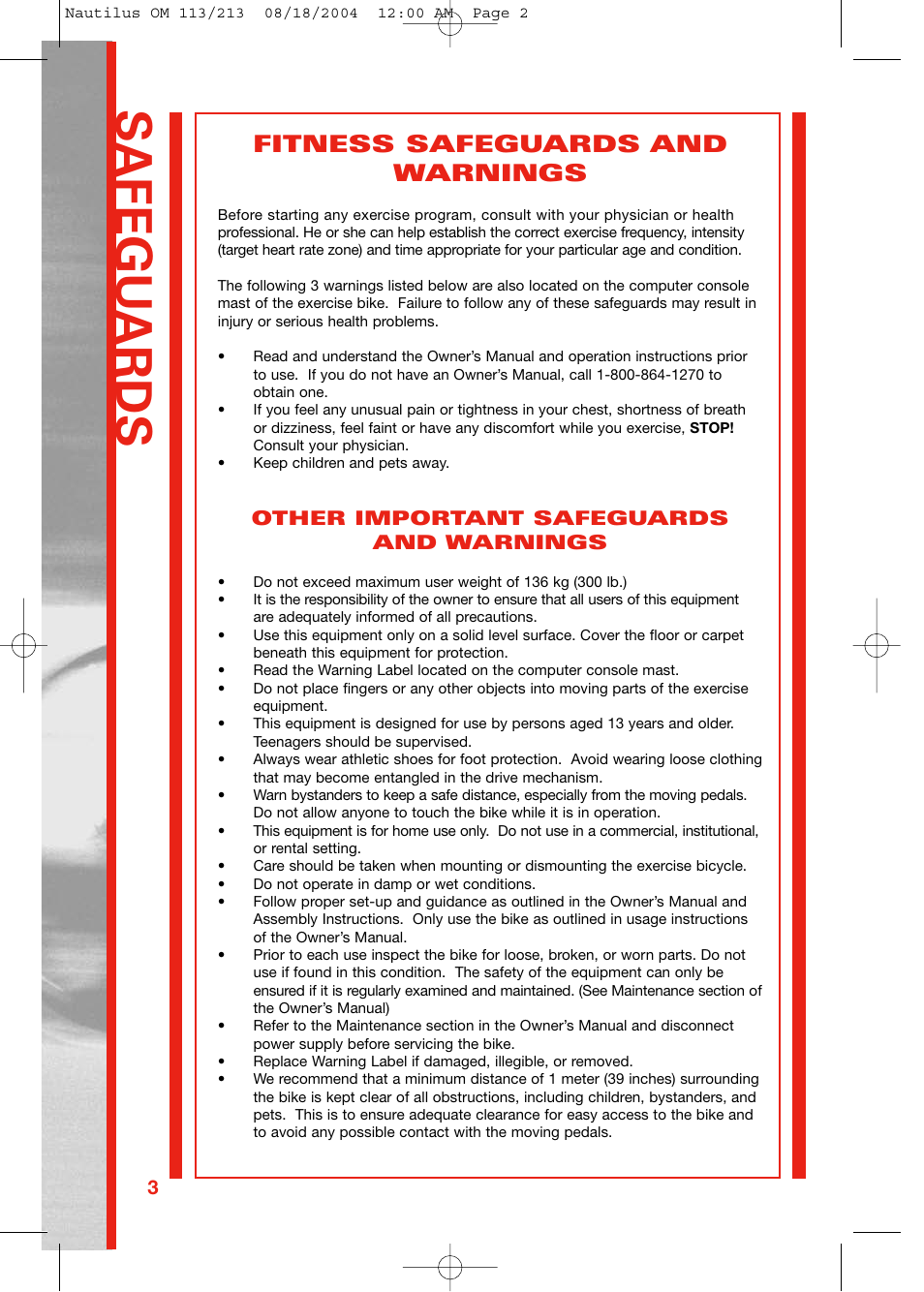 Safegu ards, Fitness safeguards and warnings | Schwinn NAUTILUS 213 User Manual | Page 2 / 40