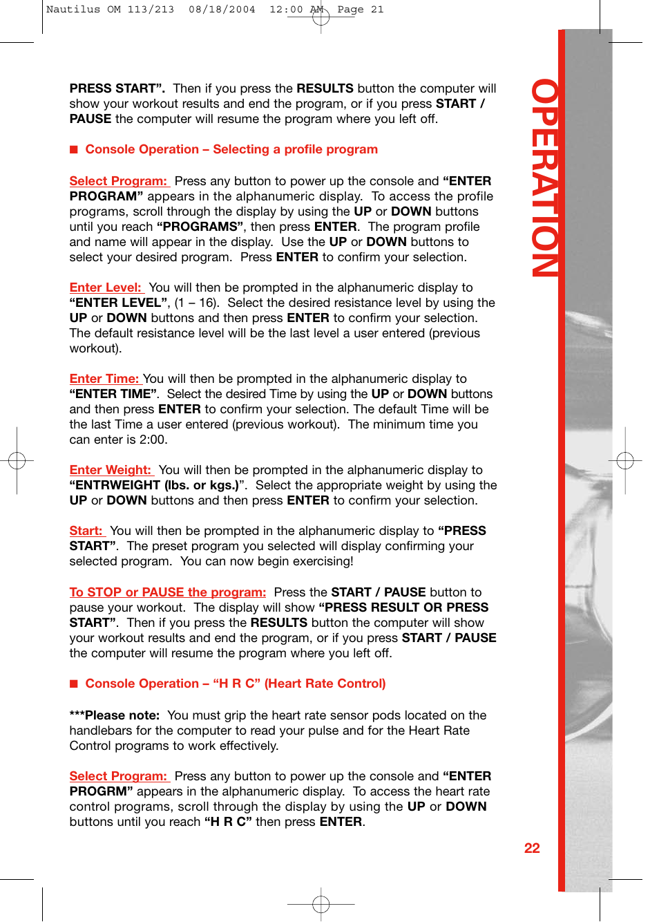 Opera tion | Schwinn NAUTILUS 213 User Manual | Page 21 / 40