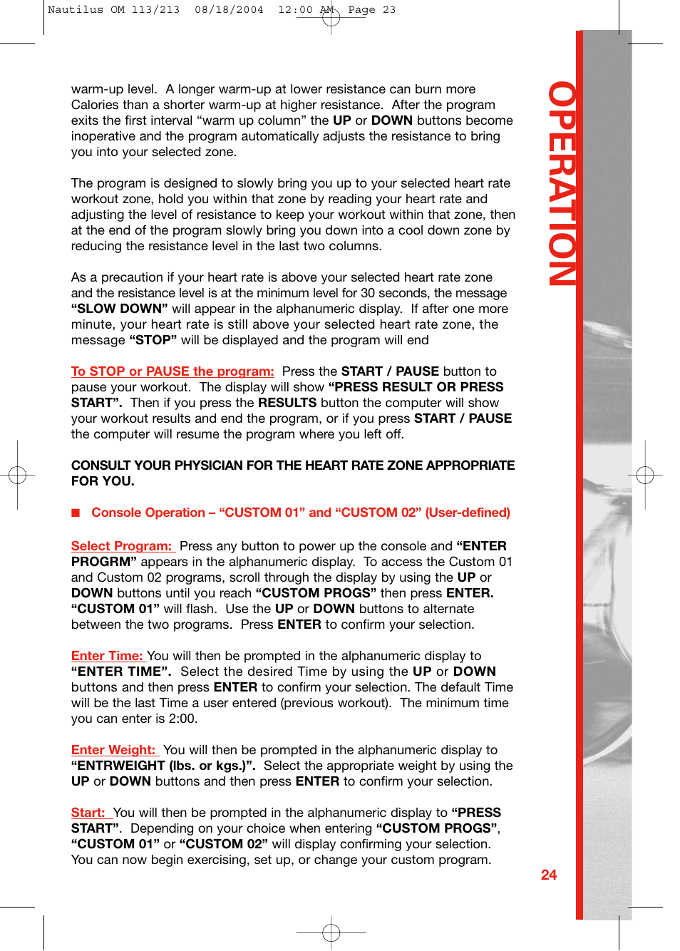 Opera tion | Schwinn NAUTILUS 213 User Manual | Page 23 / 40