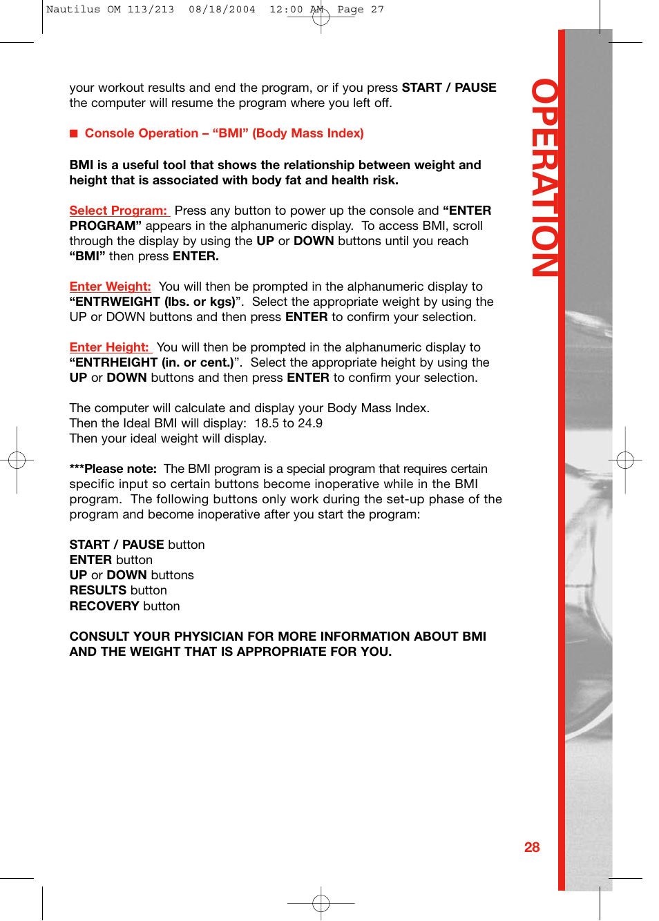 Opera tion | Schwinn NAUTILUS 213 User Manual | Page 27 / 40