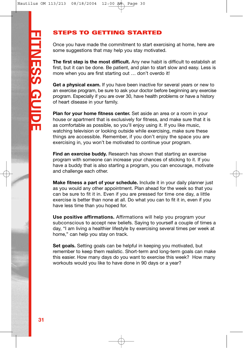 Fitness guide | Schwinn NAUTILUS 213 User Manual | Page 30 / 40