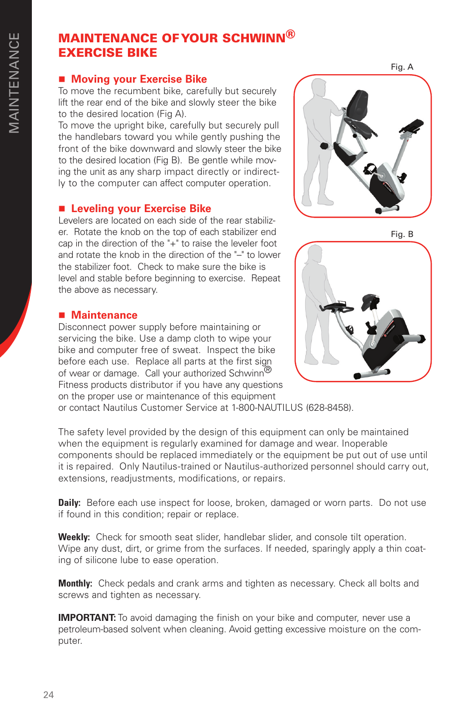 Maintenance of your schwinn® exercise bike | Schwinn 130/230 User Manual | Page 24 / 40