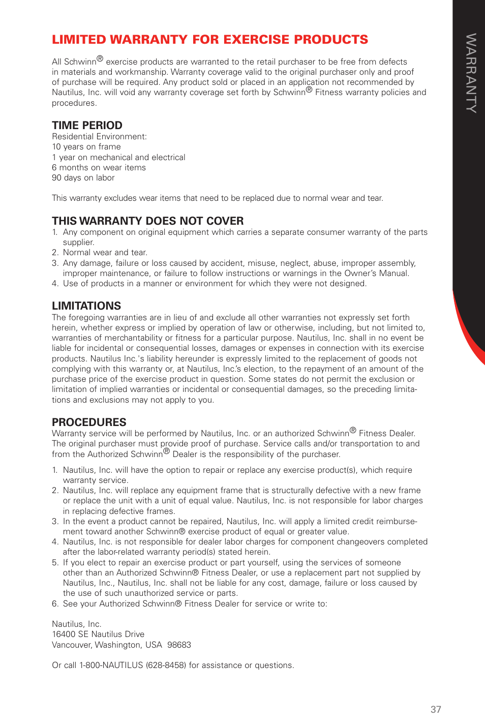 Limited warranty for exercise products, Time period, This warranty does not cover | Limitations, Procedures | Schwinn 130/230 User Manual | Page 37 / 40