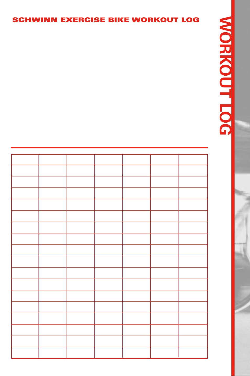 W ork out l o g | Schwinn 222 User Manual | Page 33 / 34
