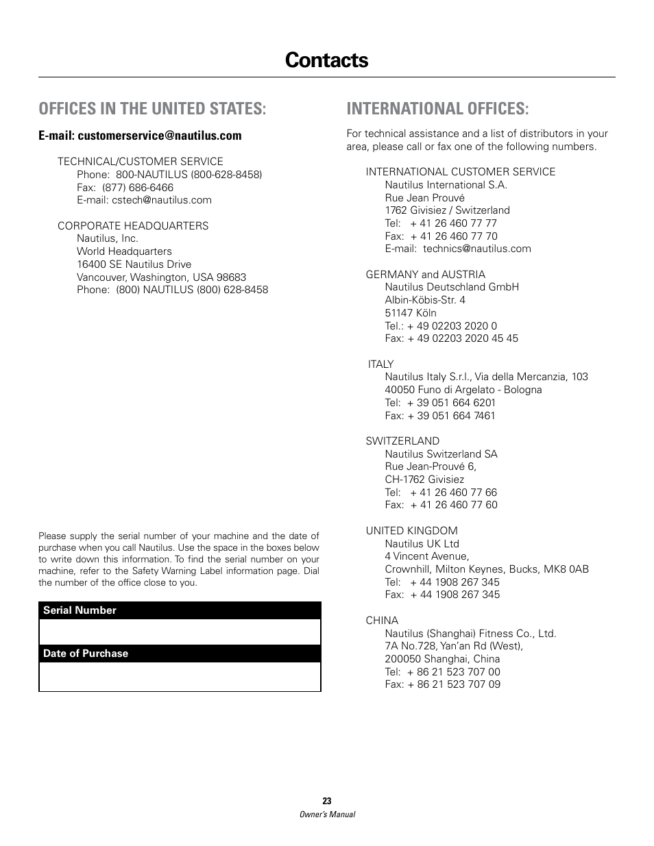 Contacts, Offices in the united states, International offices | Schwinn 420 User Manual | Page 23 / 24