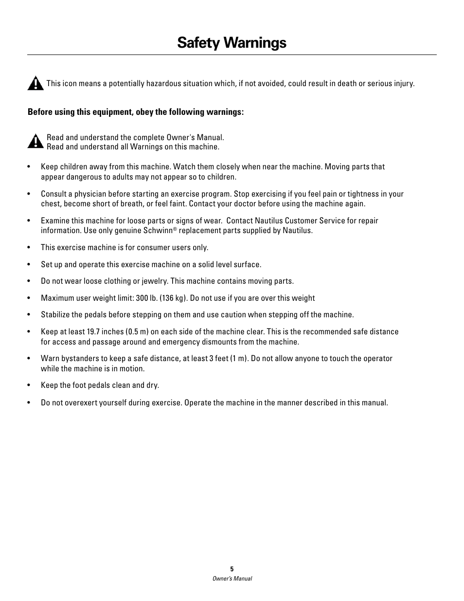 Safety warnings | Schwinn 420 User Manual | Page 5 / 24