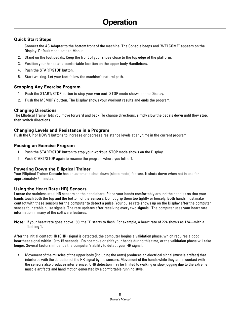 Operation | Schwinn 420 User Manual | Page 8 / 24