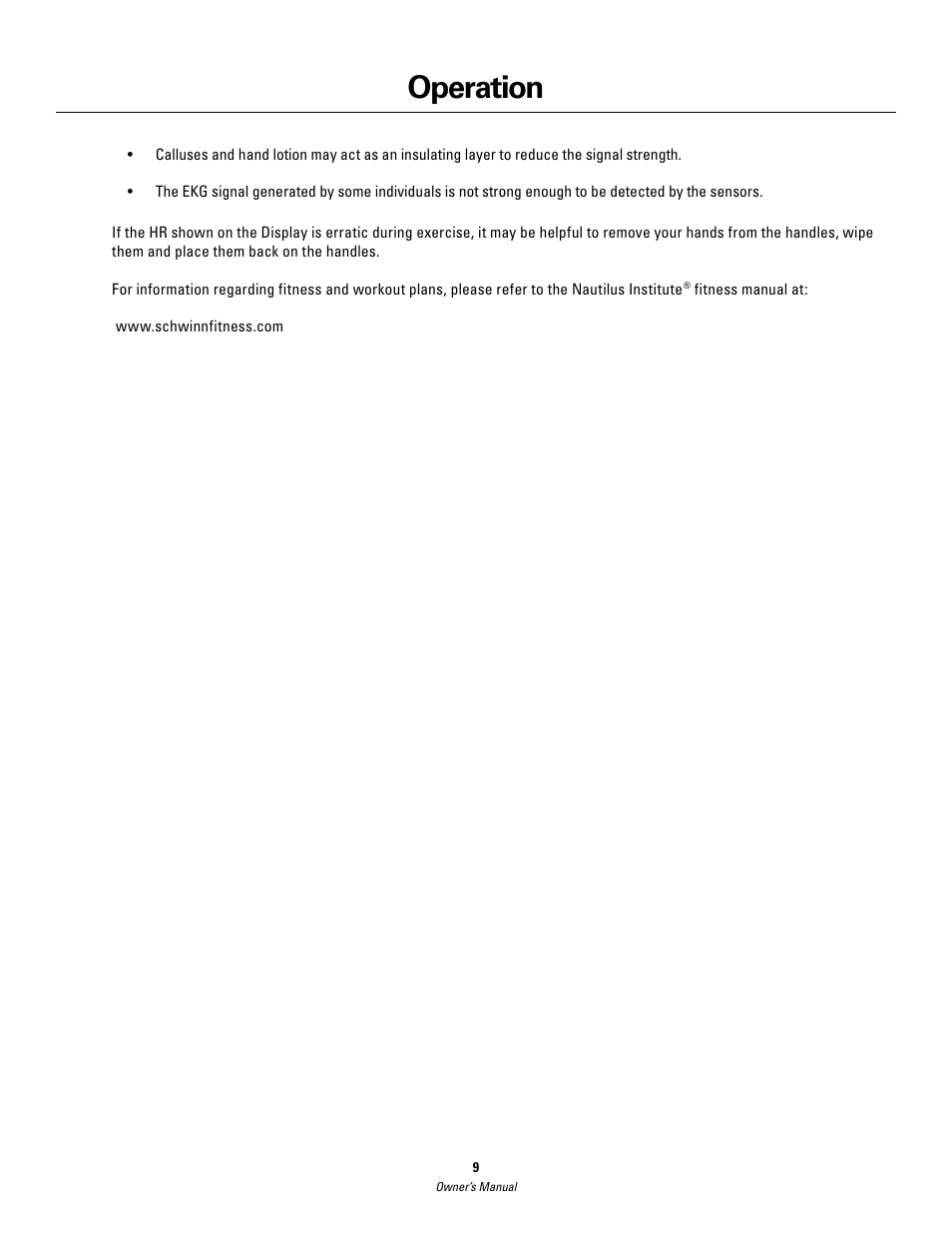 Operation | Schwinn 420 User Manual | Page 9 / 24