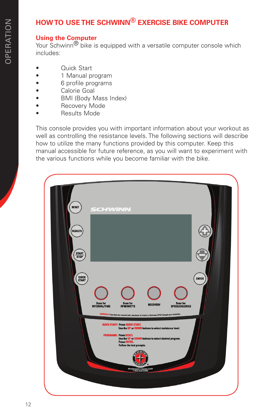 Op era t ion | Schwinn 230 User Manual | Page 12 / 40