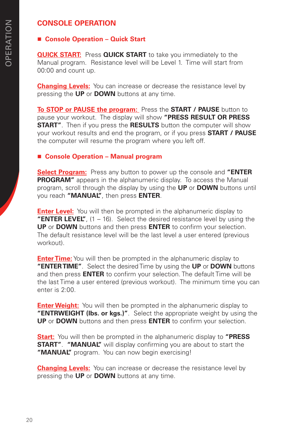Op era t ion | Schwinn 230 User Manual | Page 20 / 40