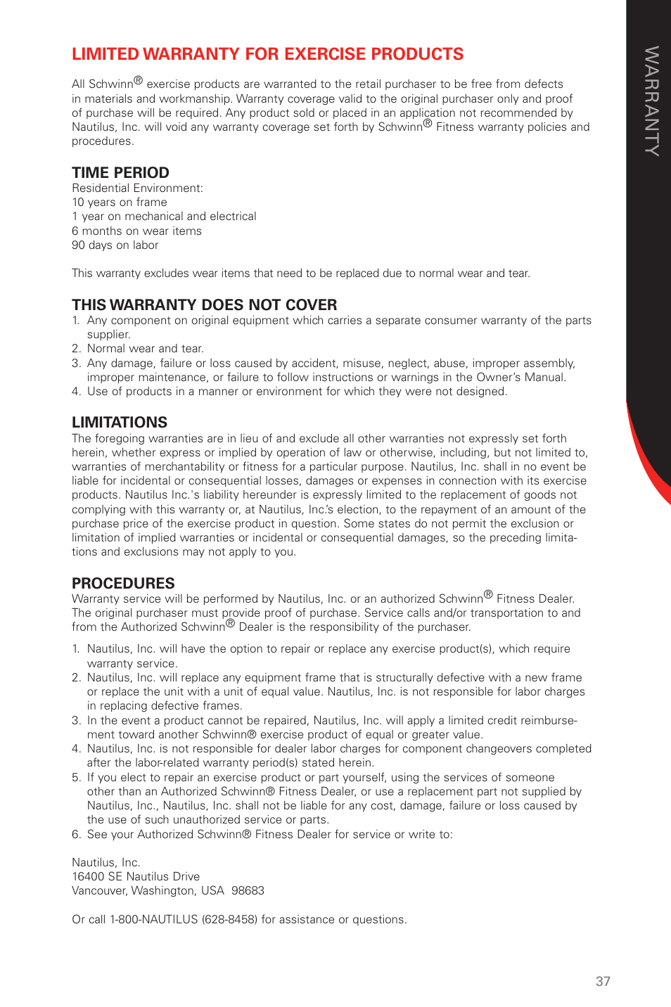 Warran ty, Limited warranty for exercise products, Time period | This warranty does not cover, Limitations, Procedures | Schwinn 230 User Manual | Page 37 / 40