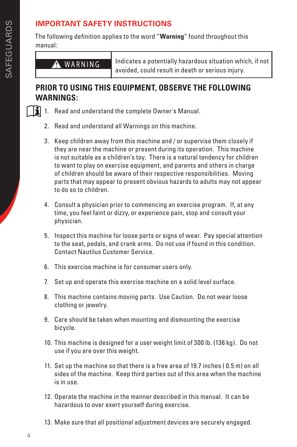 Sa fe g uar d s | Schwinn 230 User Manual | Page 4 / 40