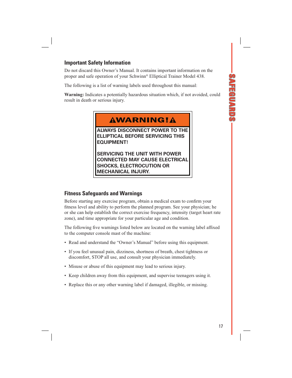 Warning | Schwinn 438 User Manual | Page 19 / 62