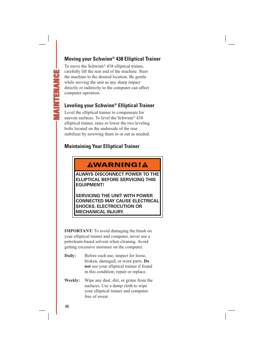 Warning | Schwinn 438 User Manual | Page 48 / 62