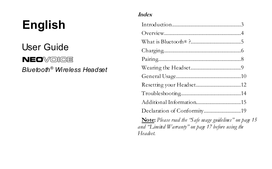 Southwing NEOVOICE 5 Bluetooth Wireless Headset User Manual | 15 pages