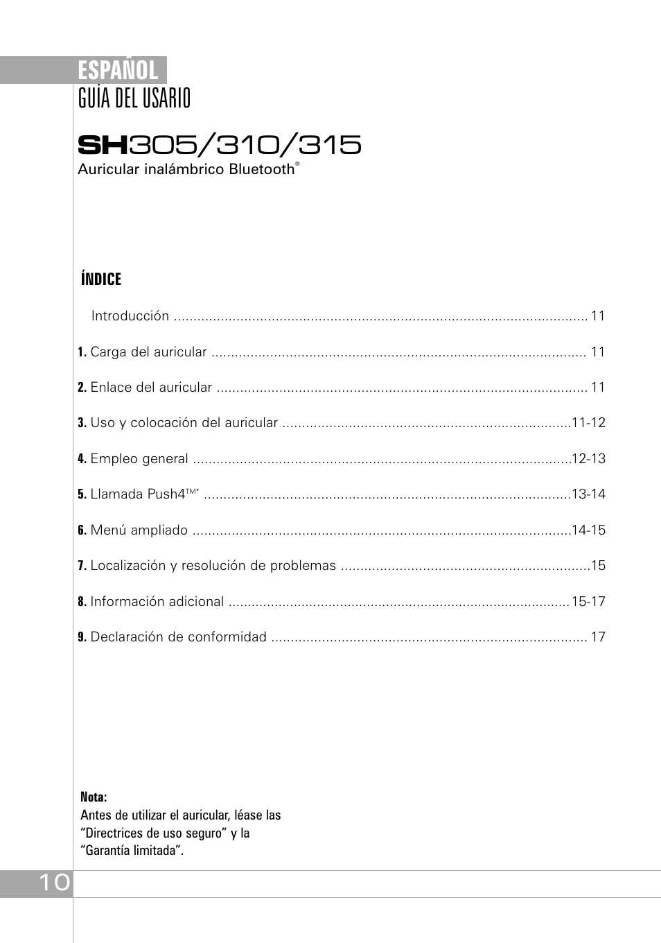 Español | Southwing SH305 User Manual | Page 10 / 60