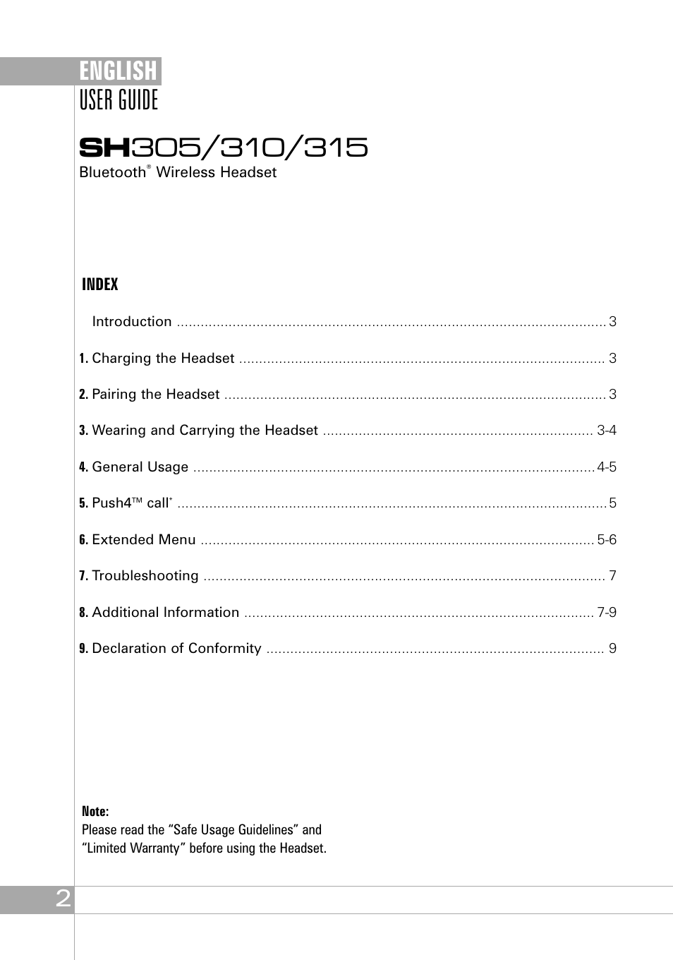 English, Index | Southwing SH305 User Manual | Page 2 / 60