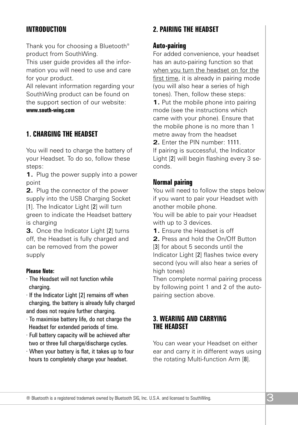 Introduction, Charging the headset, Pairing the headset auto-pairing | Normal pairing, Wearing and carrying the headset | Southwing SH305 User Manual | Page 3 / 60