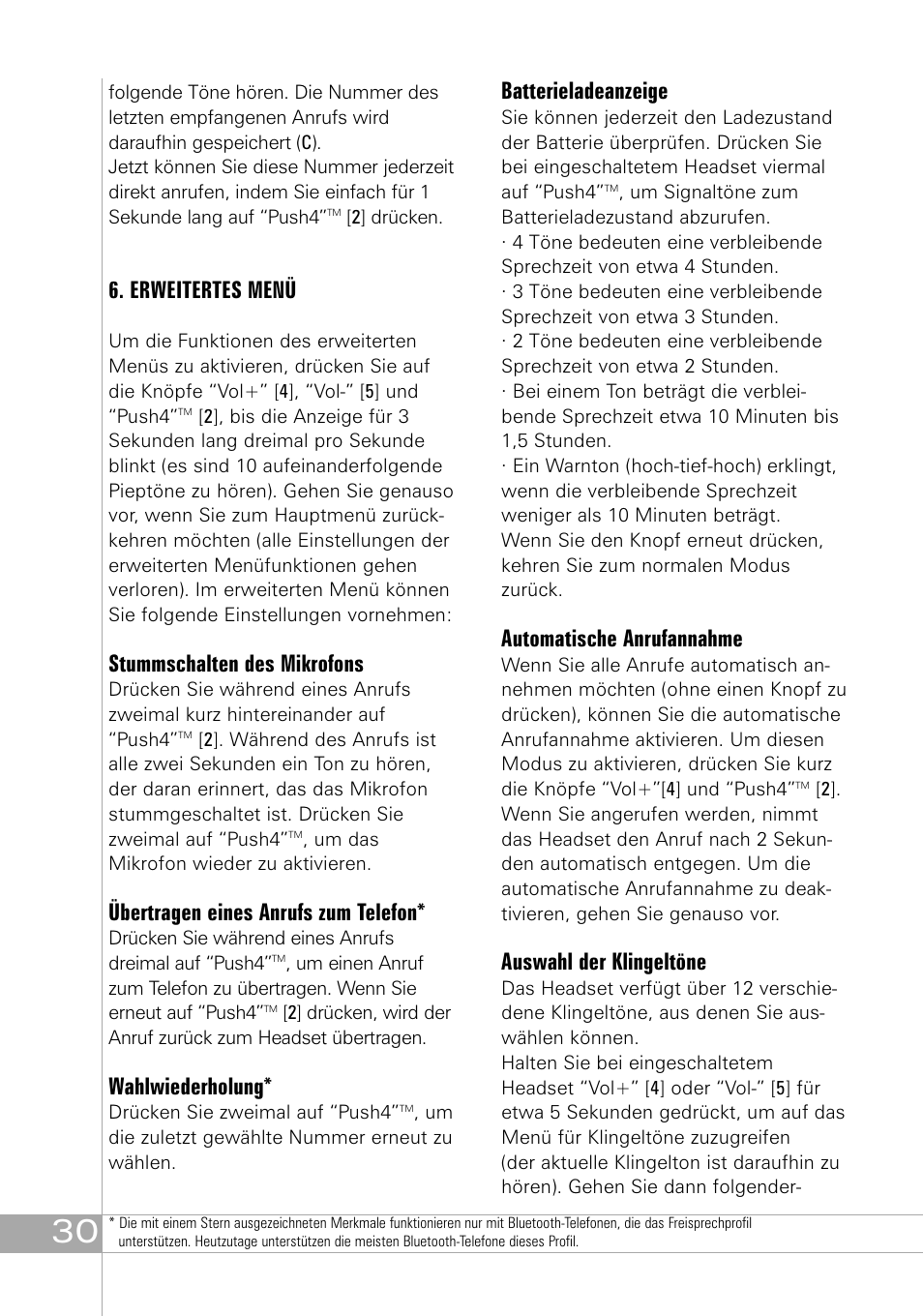 Erweitertes menü, Stummschalten des mikrofons, Übertragen eines anrufs zum telefon | Wahlwiederholung, Batterieladeanzeige, Automatische anrufannahme, Auswahl der klingeltöne | Southwing SH305 User Manual | Page 30 / 60