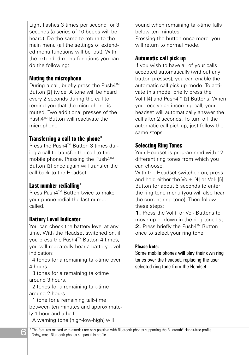Muting the microphone, Transferring a call to the phone, Last number redialling | Battery level indicator, Automatic call pick up, Selecting ring tones | Southwing SH305 User Manual | Page 6 / 60