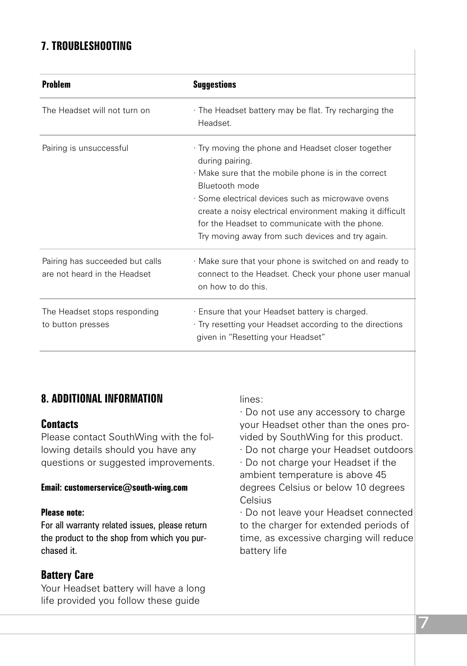 Troubleshooting 8. additional information contacts, Battery care | Southwing SH305 User Manual | Page 7 / 60