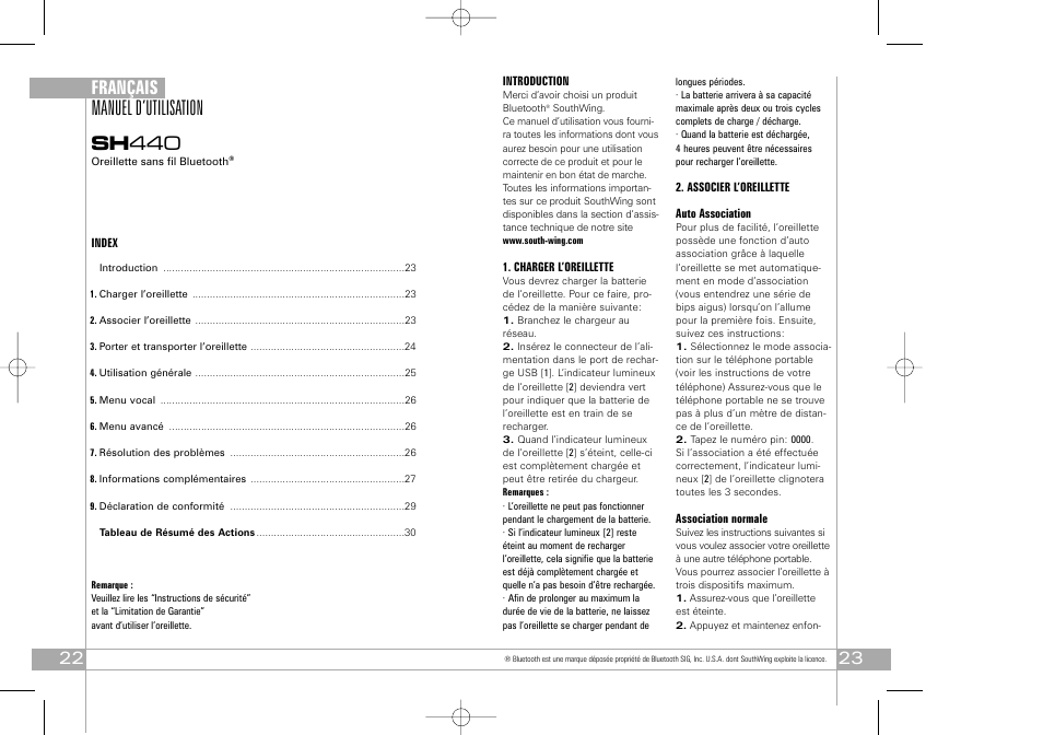 Manuel d’utilisation sh 440, Français | Southwing SH440 User Manual | Page 12 / 37