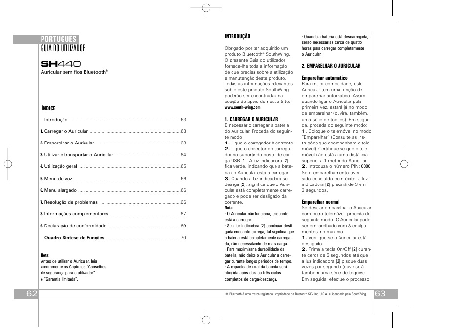 Guia do utilizador sh 440, Português | Southwing SH440 User Manual | Page 32 / 37