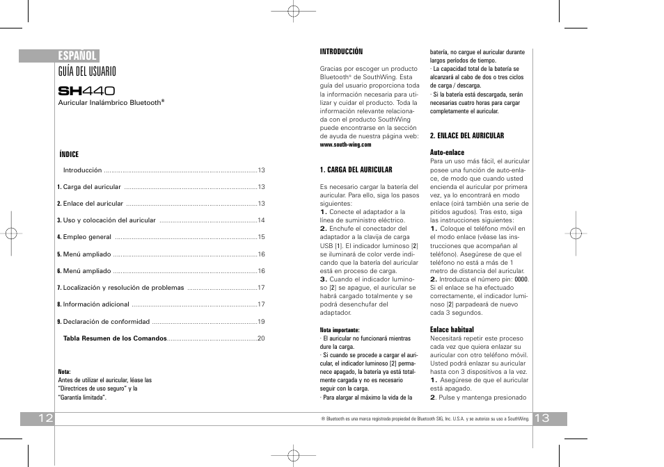 Guía del usuario sh 440, Español | Southwing SH440 User Manual | Page 7 / 37