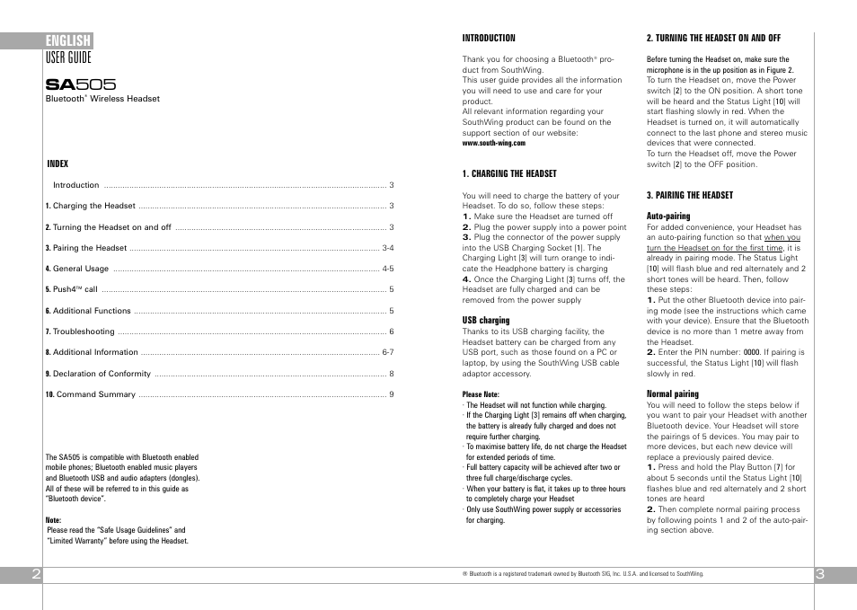 User guide sa 505, English | Southwing SA505 User Manual | Page 2 / 30