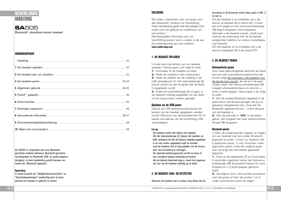 Handleiding sa 505, Nederlands | Southwing SA505 User Manual | Page 22 / 30