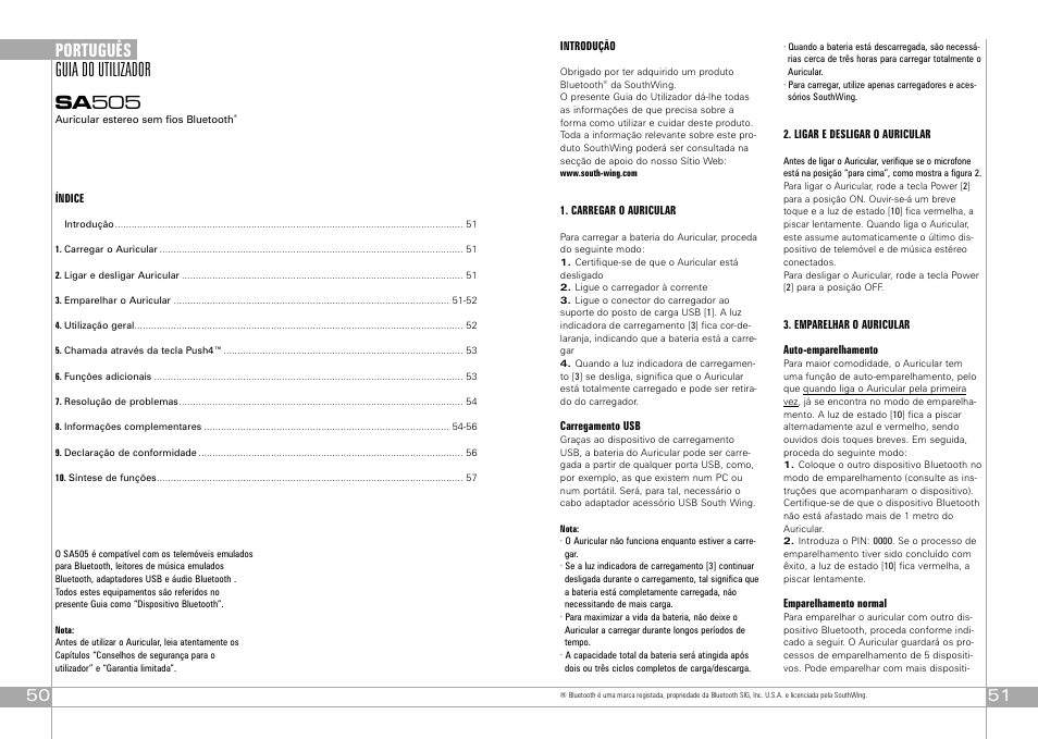 Guia do utilizador sa 505, Português | Southwing SA505 User Manual | Page 26 / 30
