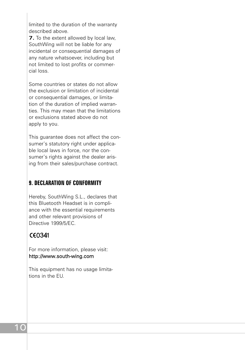 Declaration of conformity | Southwing SH505 User Manual | Page 10 / 74