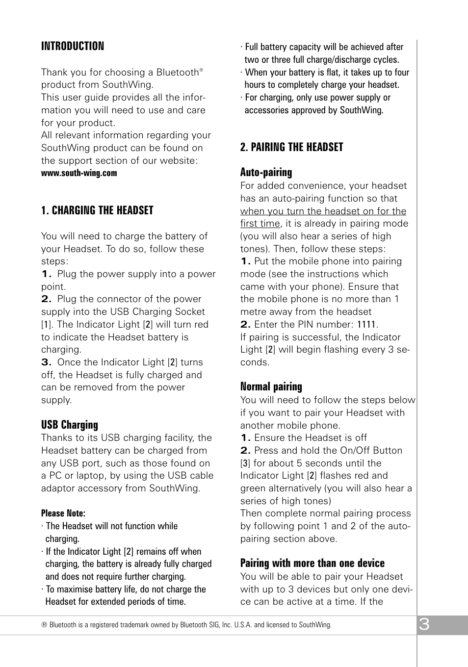 Introduction, Charging the headset, Usb charging | Pairing the headset auto-pairing, Normal pairing, Pairing with more than one device | Southwing SH505 User Manual | Page 3 / 74