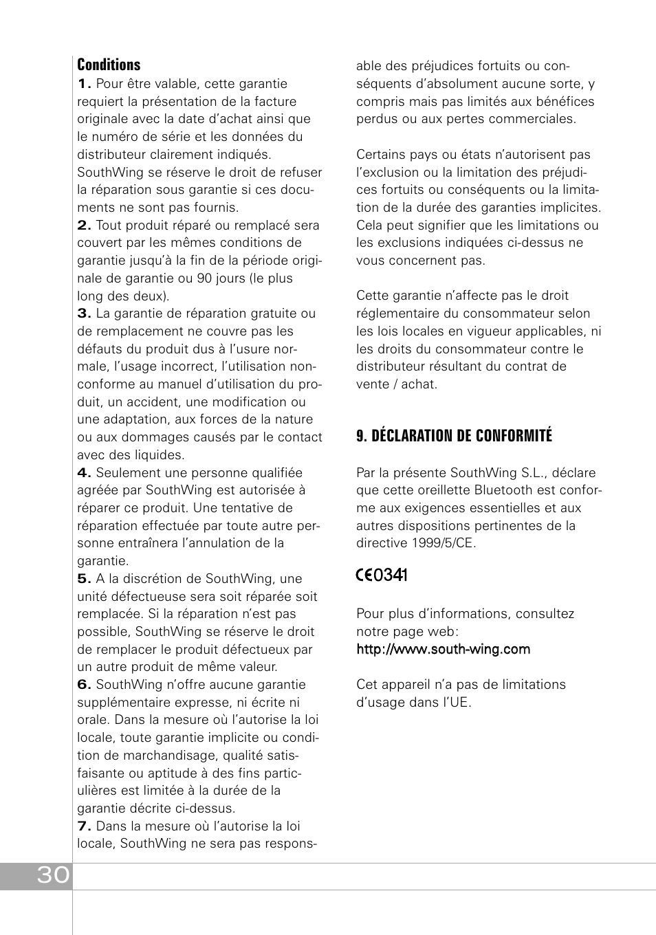 Conditions, Déclaration de conformité | Southwing SH505 User Manual | Page 30 / 74