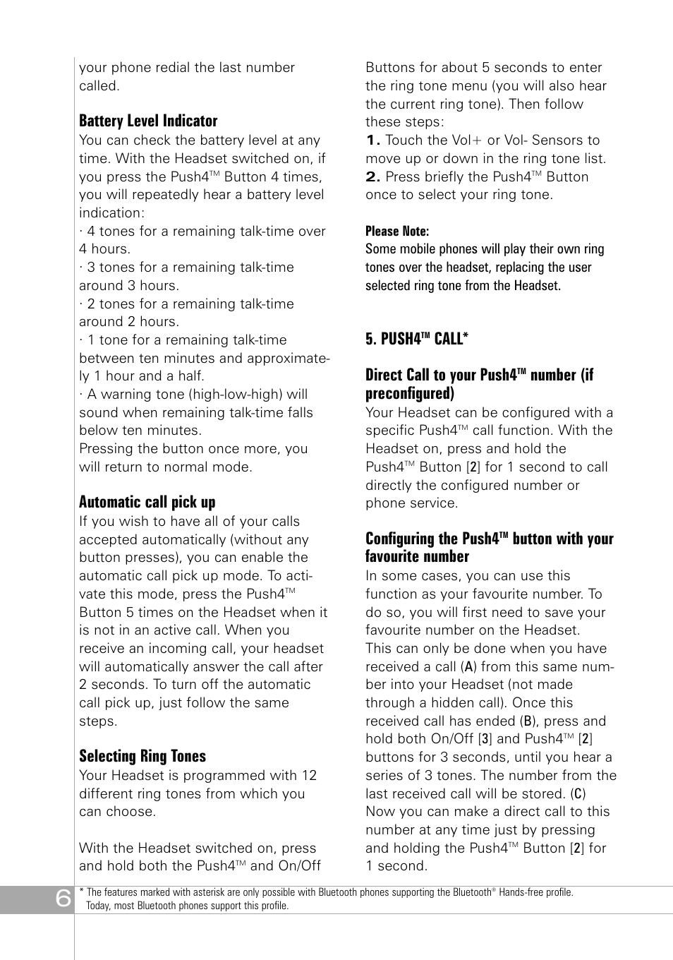 Battery level indicator, Automatic call pick up, Selecting ring tones | Push4, Call* direct call to your push4, Number (if preconfigured), Configuring the push4, Button with your favourite number | Southwing SH505 User Manual | Page 6 / 74
