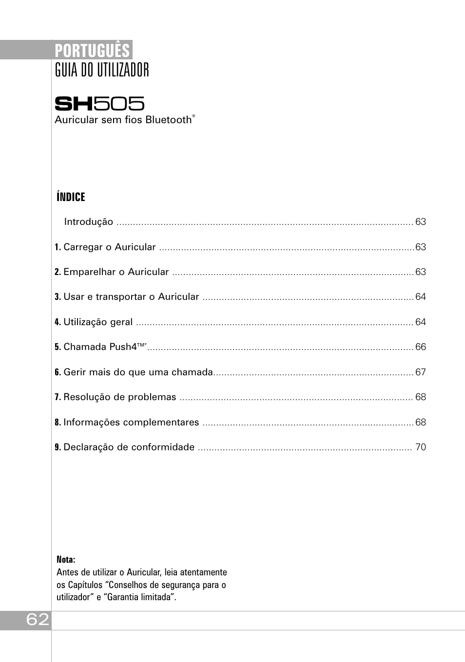 Sh 505, Guia do utilizador, Português | Southwing SH505 User Manual | Page 62 / 74