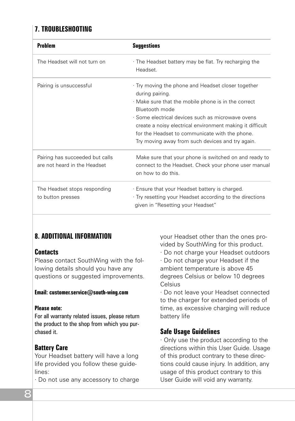 Troubleshooting 8. additional information contacts, Battery care, Safe usage guidelines | Southwing SH505 User Manual | Page 8 / 74