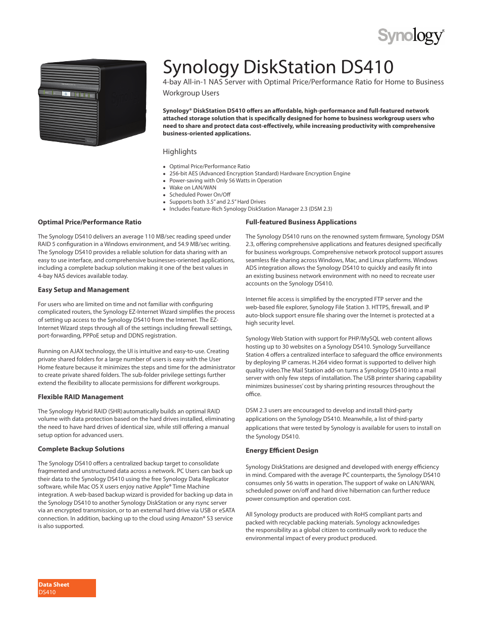 Synology DS410 User Manual | 2 pages