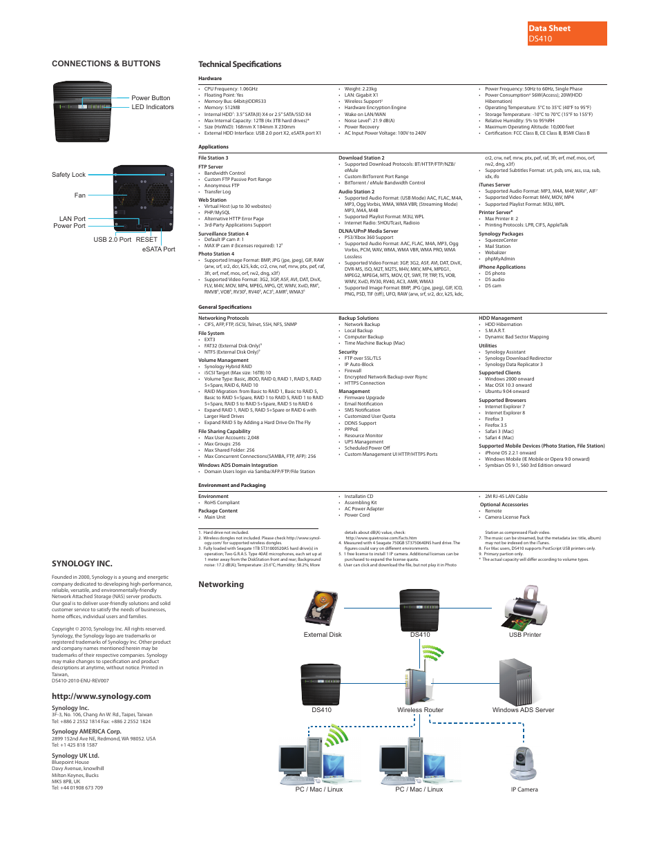 Data sheet ds410, Networking, Synology inc | Technical specifications, Connections & buttons | Synology DS410 User Manual | Page 2 / 2