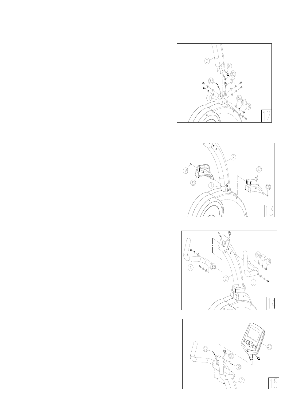 Step 12 - install handlebar post, Step 13 - install handlebar post cover, Step 14 - install handlebars | Step 15 - install computer, 2 wires that are on the back of the computer (40) | Smooth Fitness SB4 User Manual | Page 8 / 23