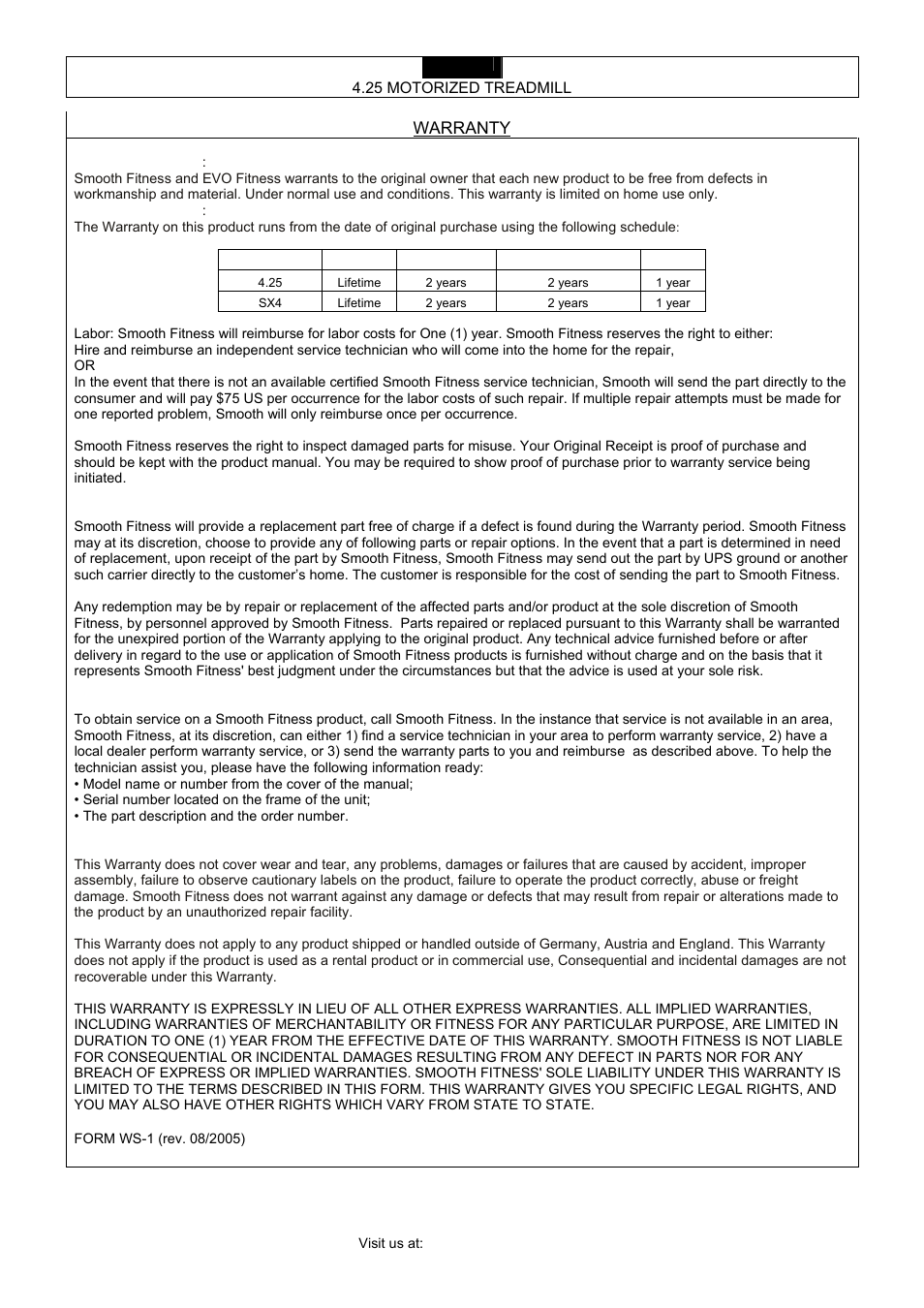 Warranty | Smooth Fitness 4.25 User Manual | Page 23 / 29