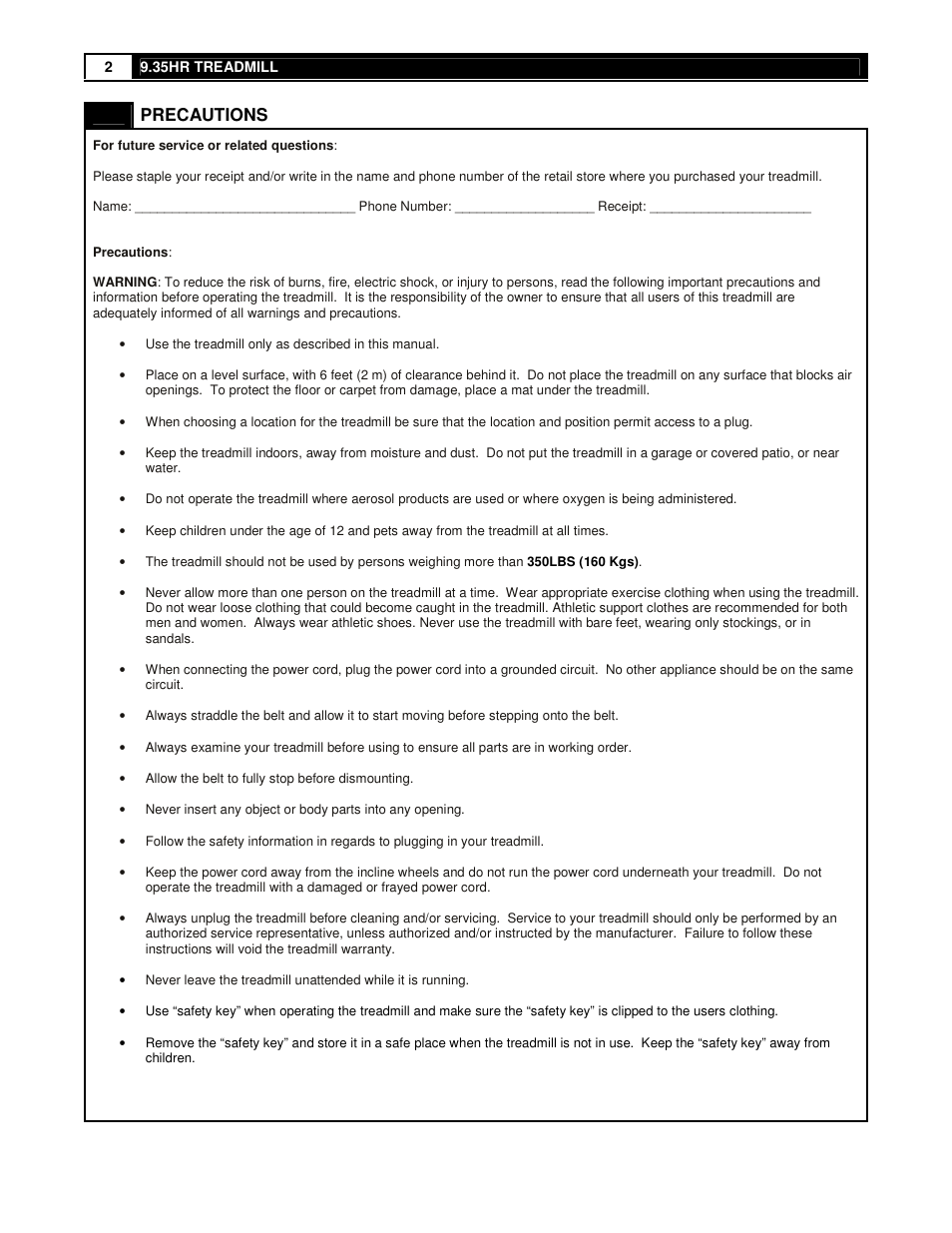 Precautions | Smooth Fitness 9.35HR User Manual | Page 2 / 38