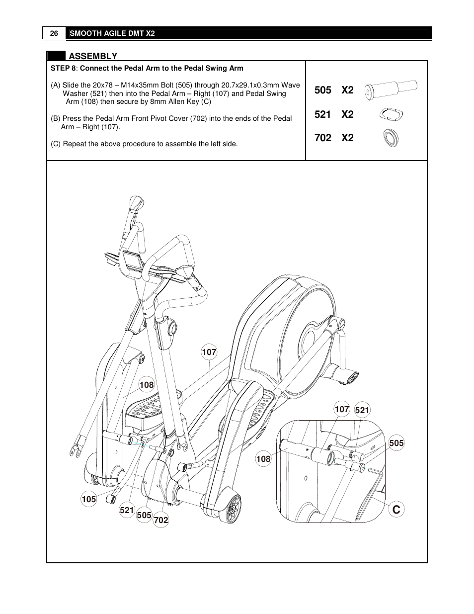 505 x2, 521 x2, 702 x2 | Smooth Fitness DMT X2 User Manual | Page 26 / 45