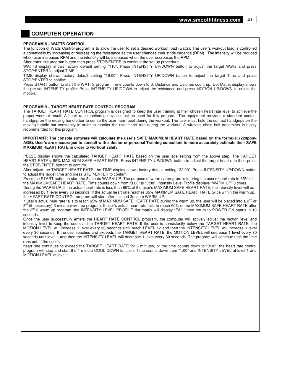 Computer operation | Smooth Fitness DMT X2 User Manual | Page 41 / 45