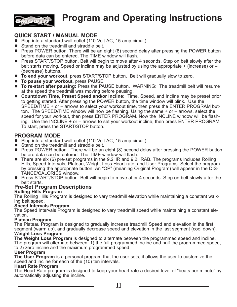 Program and operating instructions | Smooth Fitness SMT9.2HRAB User Manual | Page 11 / 20