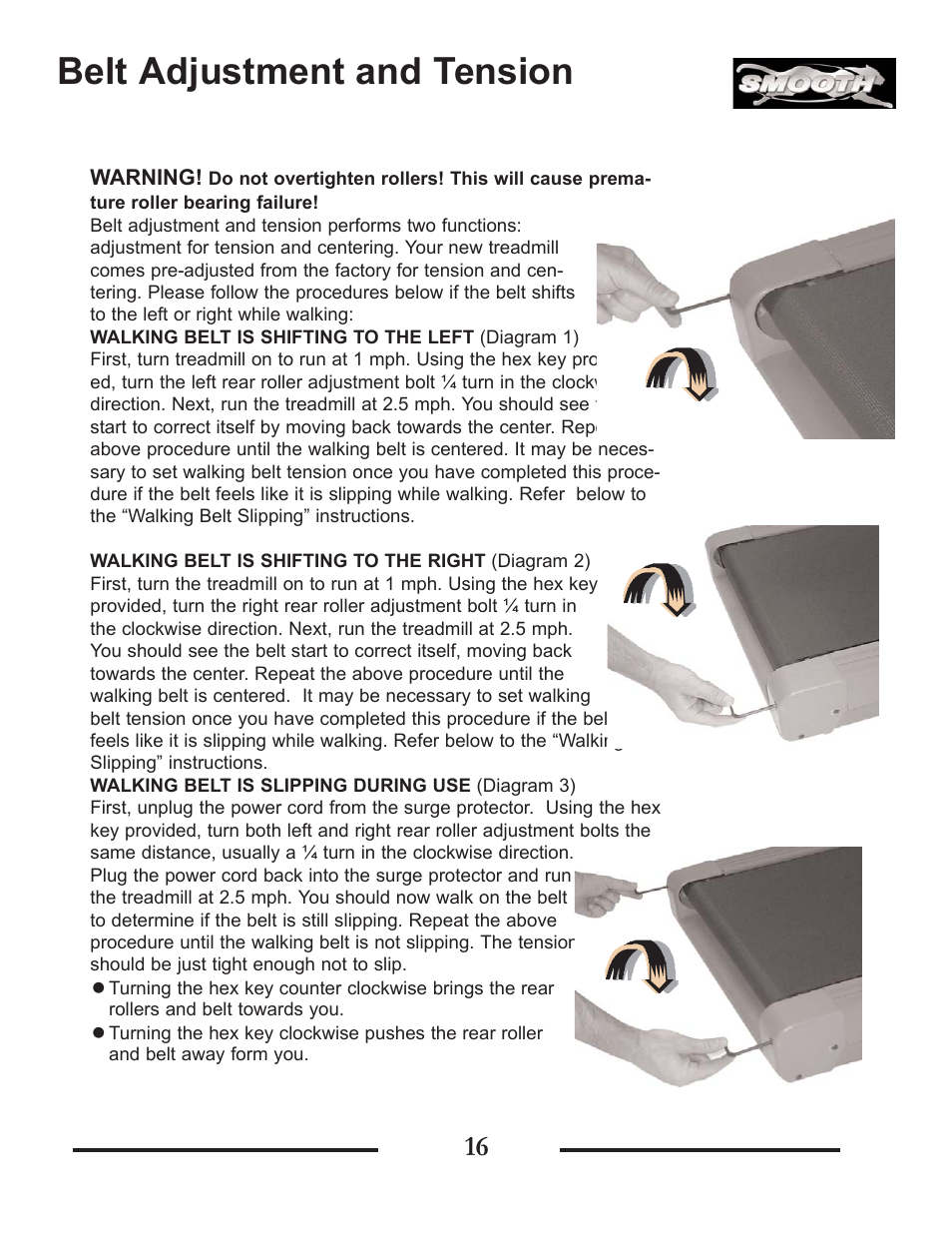 Belt adjustment and tension | Smooth Fitness SMT9.2HRAB User Manual | Page 16 / 20