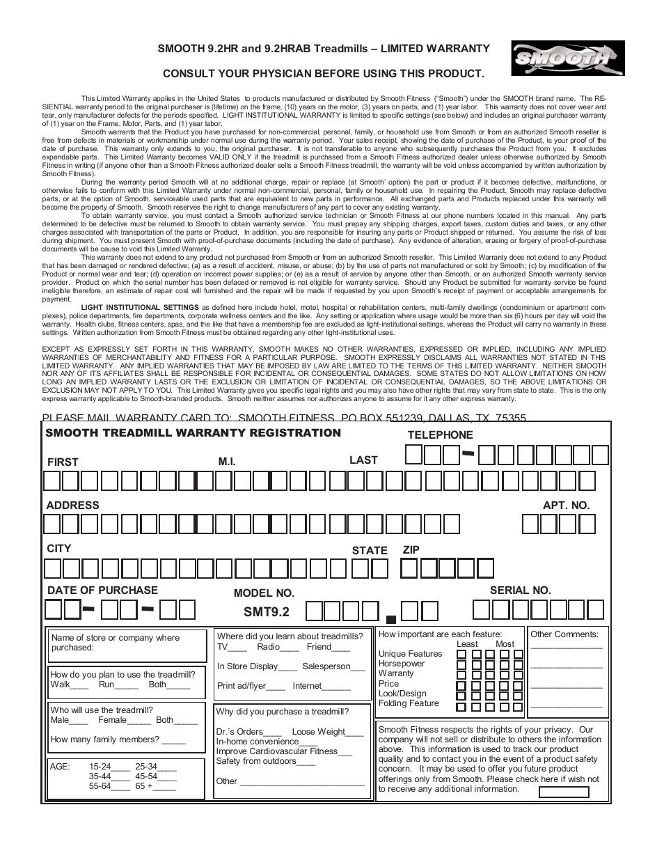 Smt9.2 | Smooth Fitness SMT9.2HRAB User Manual | Page 20 / 20