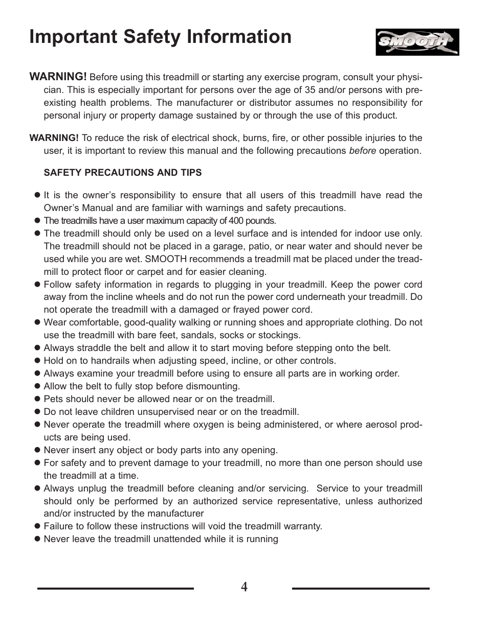 Important safety information | Smooth Fitness SMT9.2HRAB User Manual | Page 4 / 20