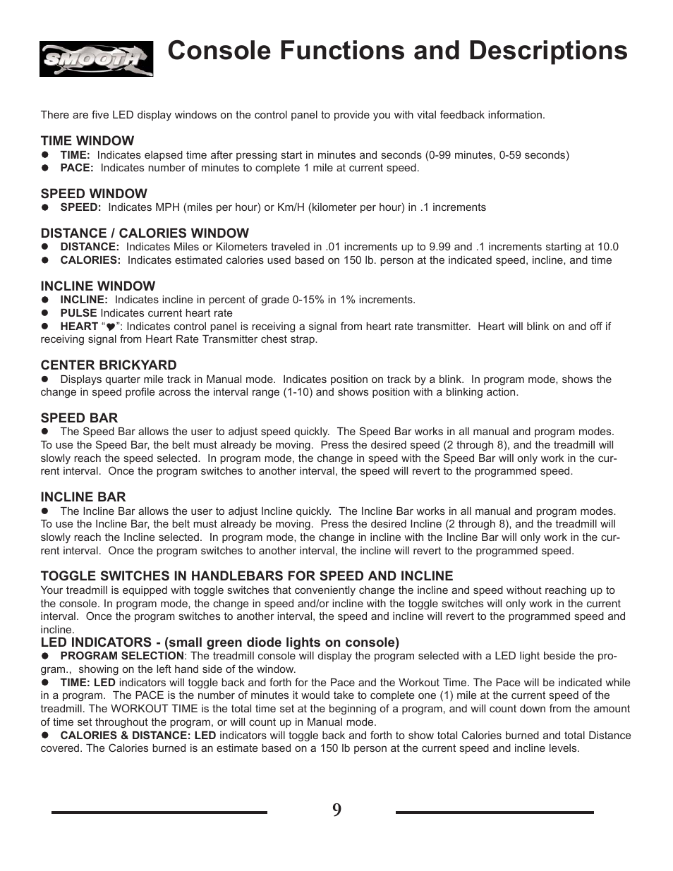 Console functions and descriptions | Smooth Fitness SMT9.2HRAB User Manual | Page 9 / 20
